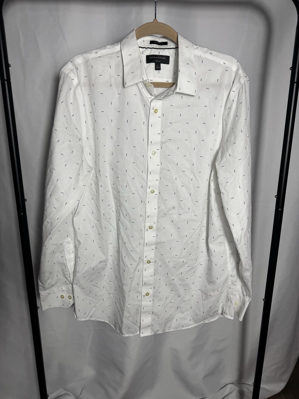 Banana Republic Dress Shirt Mens L White Geometric Pattern Slim Fit Non Iron LS